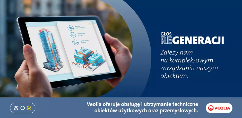 Dłonie trzymające tablet z wizualizacją zarządzania budynkiem. Napis: „Zależy nam na kompleksowym zarządzaniu naszym obiektem" – reklama Veolii