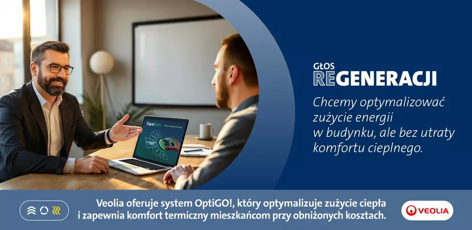 Dwóch mężczyzn w biurze omawia system OptiGO! wyświetlony na ekranie laptopa. Napis: Głos REgeneracji – Chcemy optymalizować zużycie energii w budynku, ale bez utraty komfortu cieplnego. Veolia oferuje system OptiGO!, który optymalizuje zużycie ciepła i zapewnia komfort termiczny mieszkańcom przy obniżonych kosztach.